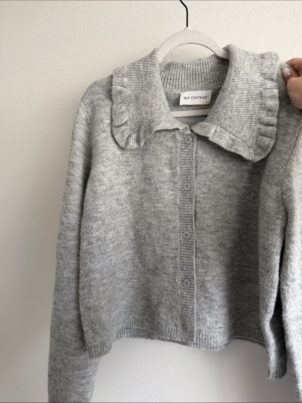 SELF CONTRAST Grey Ruffle-Collar Button Cardigan